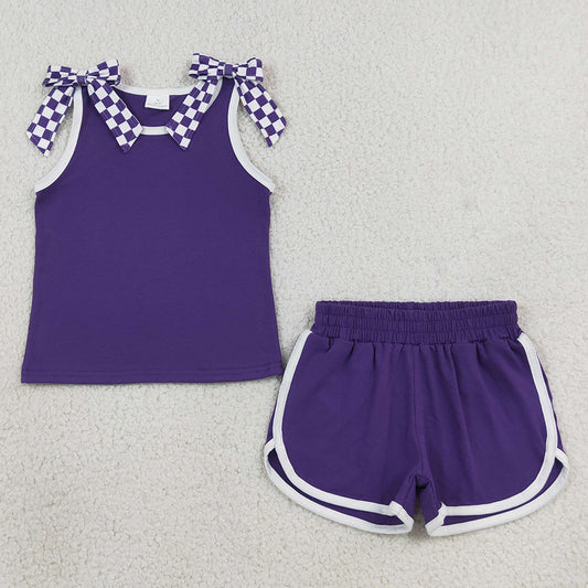 Baby Girls Clothes Purple Checked Bows Sleeveless Top Short Clothes Sets GSSO3814