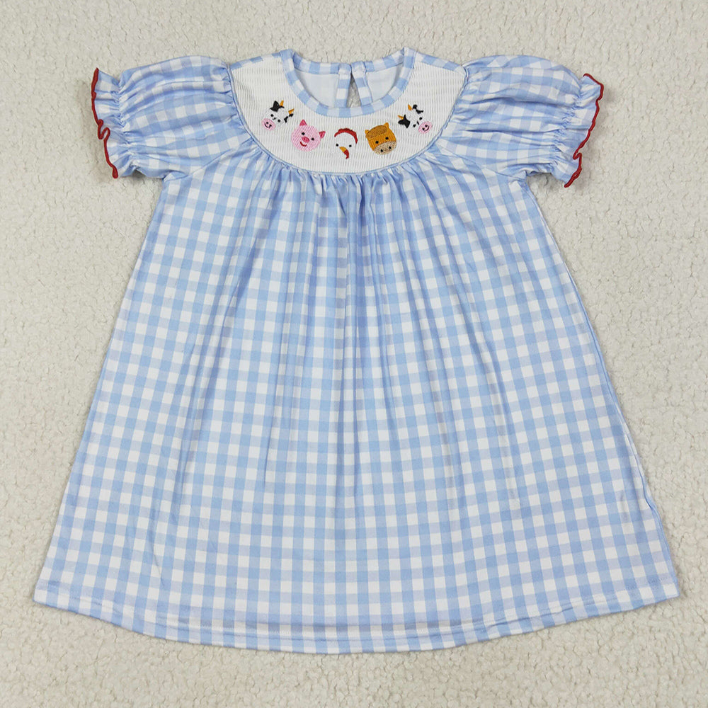 Baby Girls Dress Blue Plaid Short Sleeves Cows Pigs Farm Smocked Knee Length Dresses GSD2275 6.24