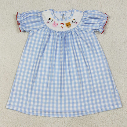 Baby Girls Dress Blue Plaid Short Sleeves Cows Pigs Farm Smocked Knee Length Dresses GSD2275 6.24