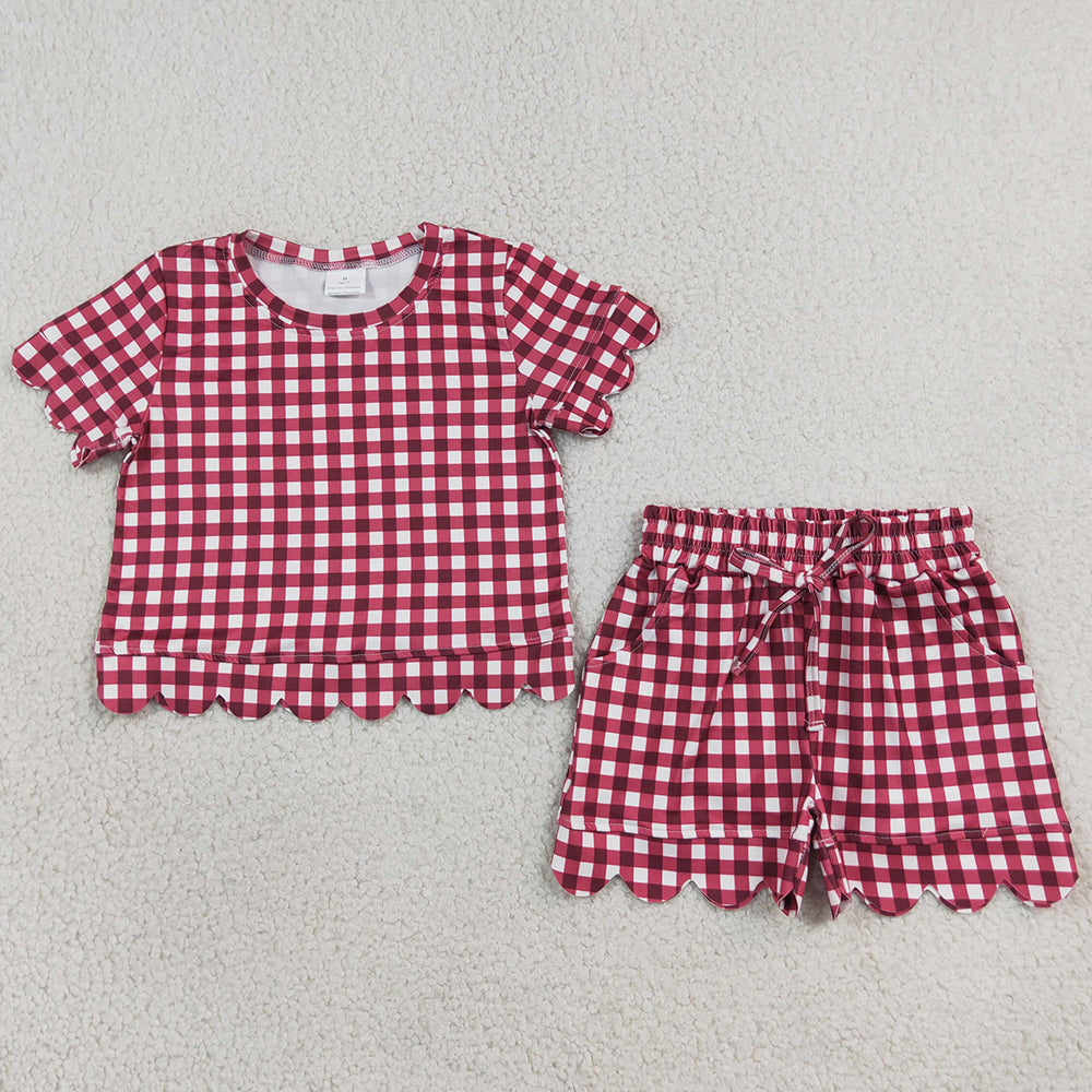 Baby Girls Clothes Red Checked Shirt Top Pockets Short Scallop Clothes Set GSSO3836