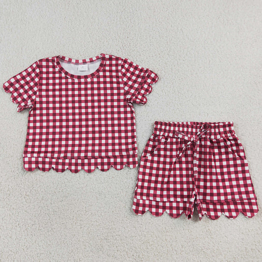 Baby Girls Clothes Red Checked Shirt Top Pockets Short Scallop Clothes Set GSSO3836