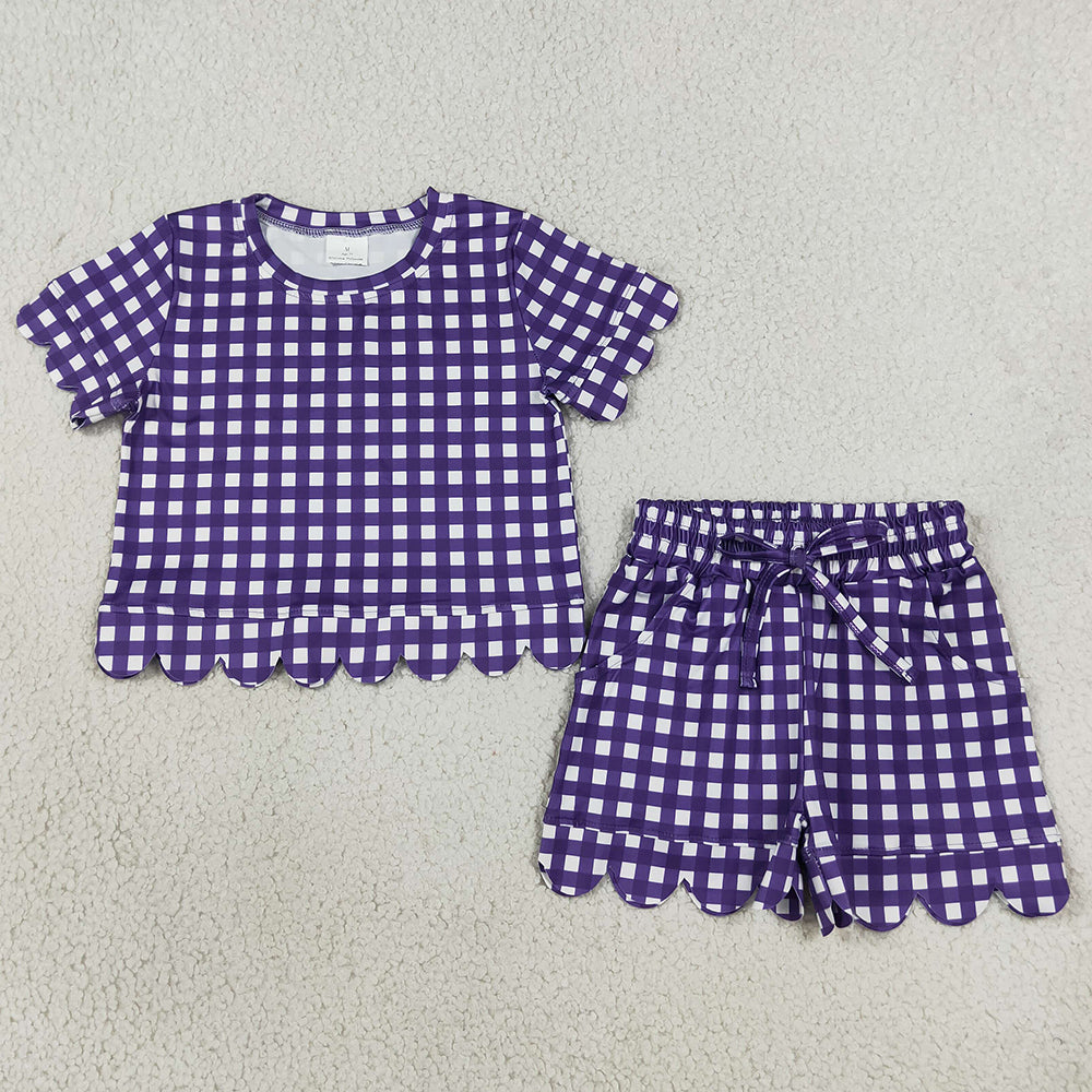 Baby Girls Clothes Purple Checked Top Pockets Short Scallop Clothes Set GSSO3841