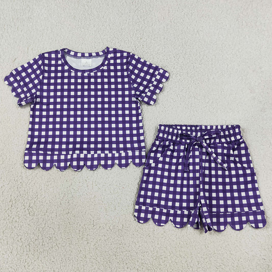 Baby Girls Clothes Purple Checked Top Pockets Short Scallop Clothes Set GSSO3841
