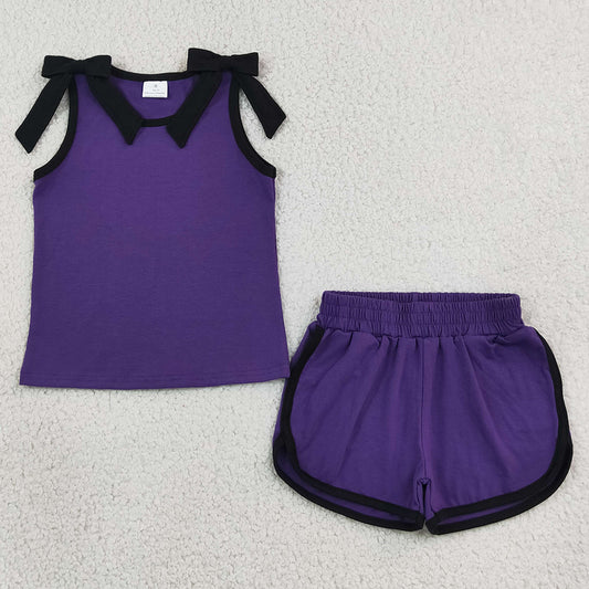 Baby Girls Clothes Purple Black Bows Sleeveless Top Short Clothes Sets GSSO3815