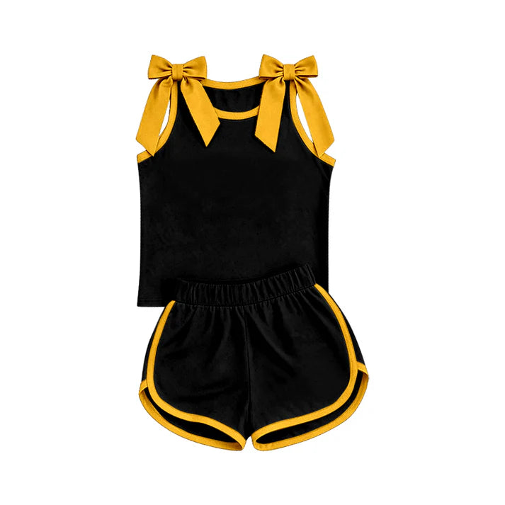 Preorder Baby Girls Black Yellow Bows Sleeveless Top Short Clothes Sets GSD3823