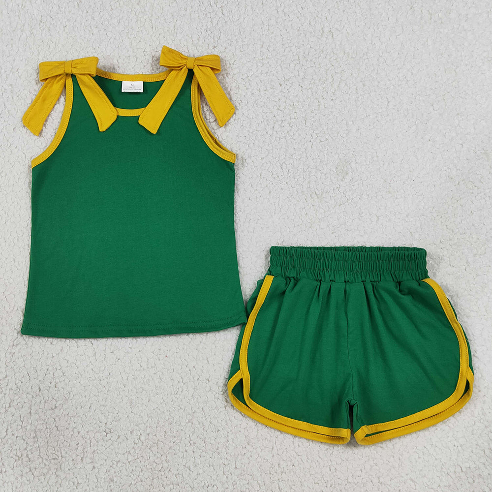 Baby Girls Clothes Green Gold Bows Sleeveless Vest Top Short Clothes Set GSSO3850