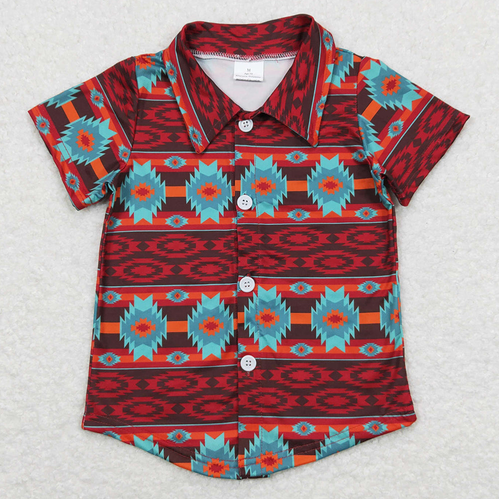 Baby Boys Clothes Top Western Wine Turquoise Aztec Short Sleeve Buttons Tee Shirts Tops BT0582