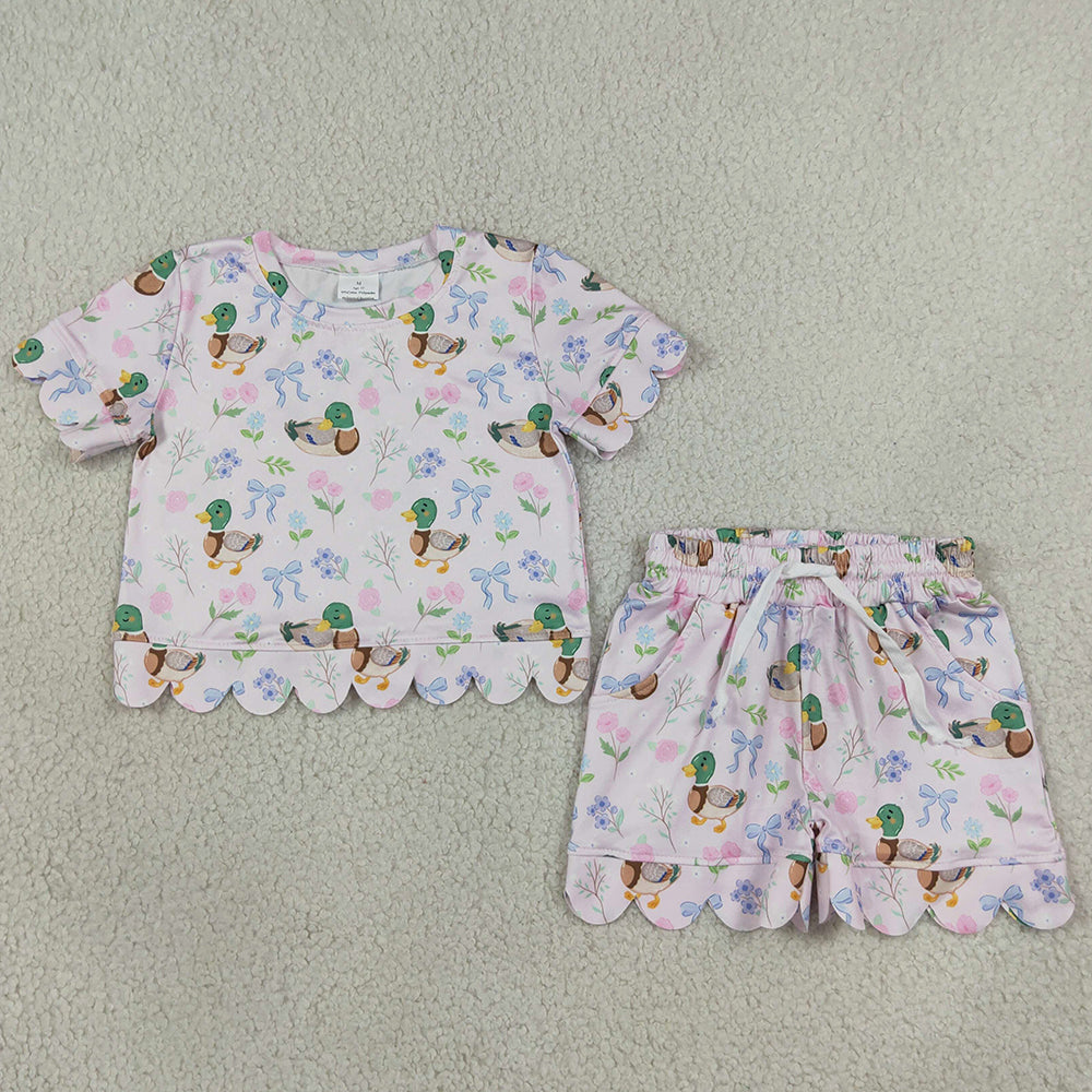 Baby Girls Clothes Ducks Flowers Bows Top Pockets Short Hunting Scallop Clothes Sets GSSO3737