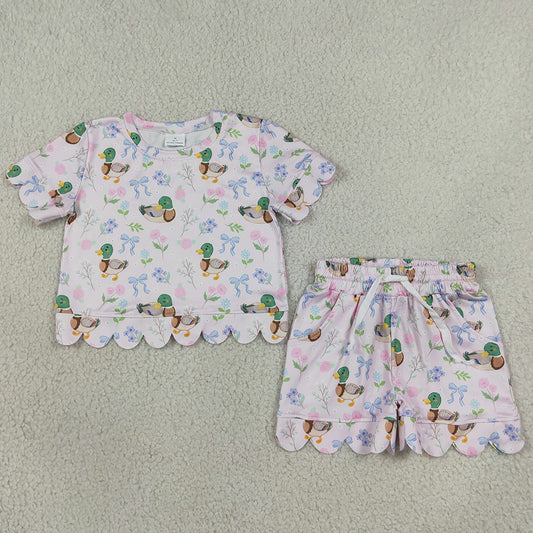 Baby Girls Clothes Ducks Flowers Bows Top Pockets Short Hunting Scallop Clothes Sets GSSO3737