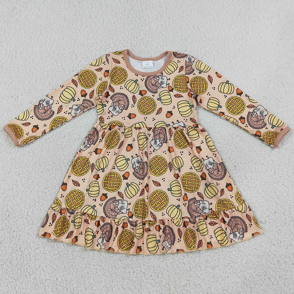 Baby Girls Dress Pumpkins Turkey Thanksgivings Ruffle Knee Length Dress GLD1691