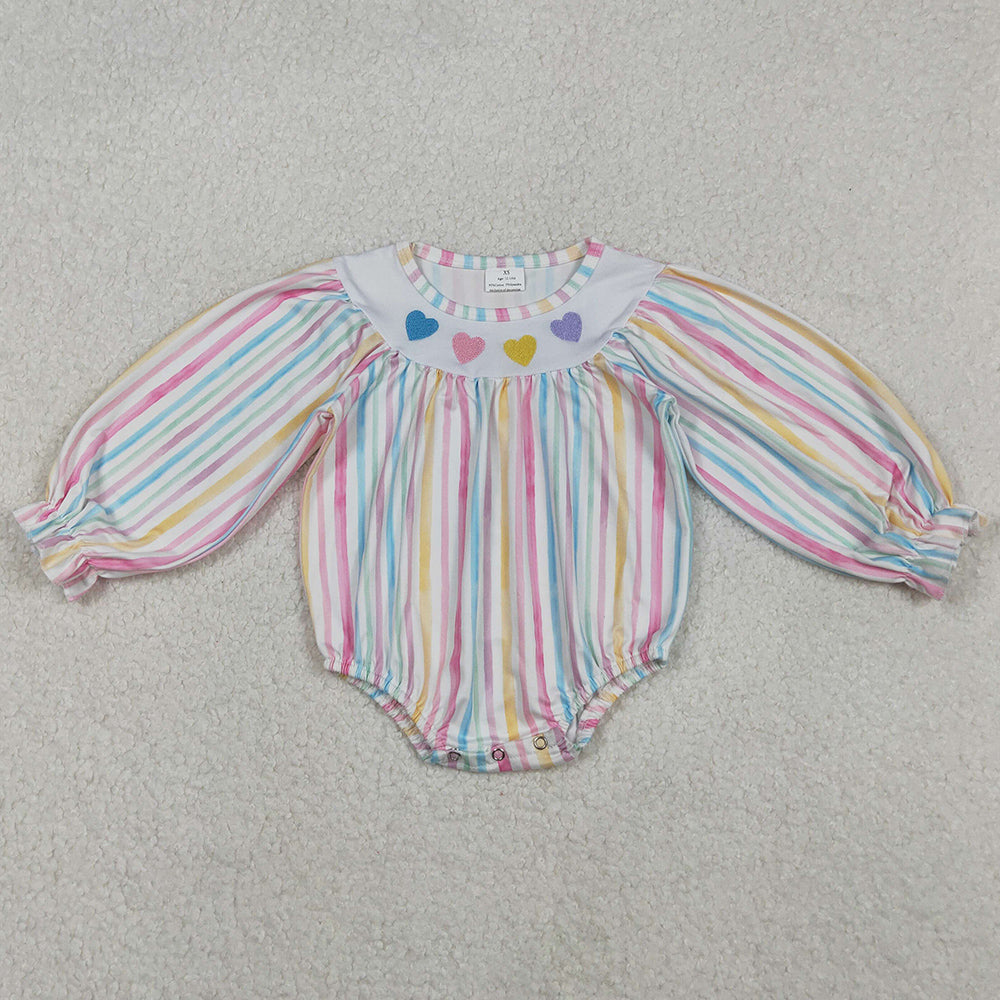 Baby Girls Rompers Embroidery Hearts Colorful Stripe Valentine Ruffle Rompers LR2695 11.6