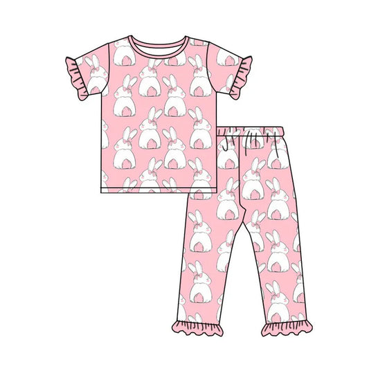 Preorder (moq 8)Baby Girls Pink Rabbits Top Ruffle Pants Easter Pajamas Sets 9.17