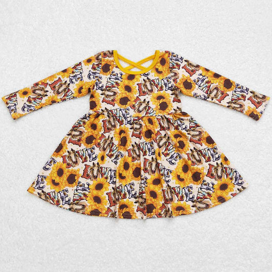 Cow Sunflower Print Baby Girls Dress Long Sleeve Twirl Dresses GLD0393