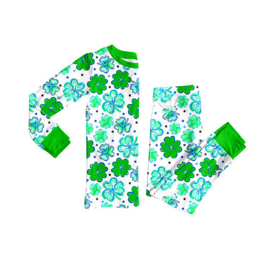 Preorder(moq 8)Baby Boys Green Clovers Plaid Top Pant St Patrick Pajamas Sets 9.30
