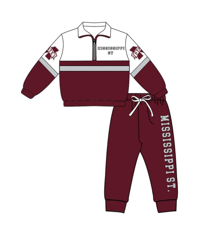 Preorder (moq 5)Baby Boys Mississippi St Zipper Pullover Jogger Pants Team Clothes Set 1.6