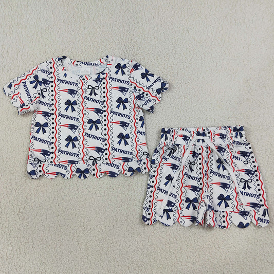 Baby Girls Clothes Patriots Bows Stripe Top Pockets Short Team Scallop Clothes Sets GSSO3854