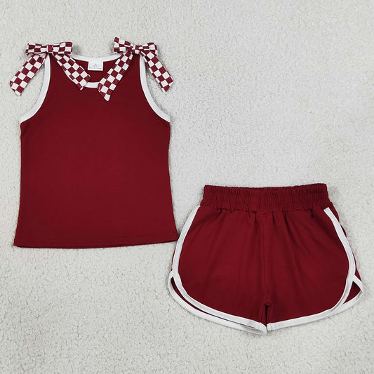Baby Girls Clothes Maroon Checked Bows Sleeveless Vest Pockets Short Clothes Sets GSSO3859