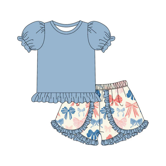 Preorder moq 5 Baby Girls Blue Short Ruffle Sleeves Tunic Bows Ruffle Short 4th Of July Set 4.23