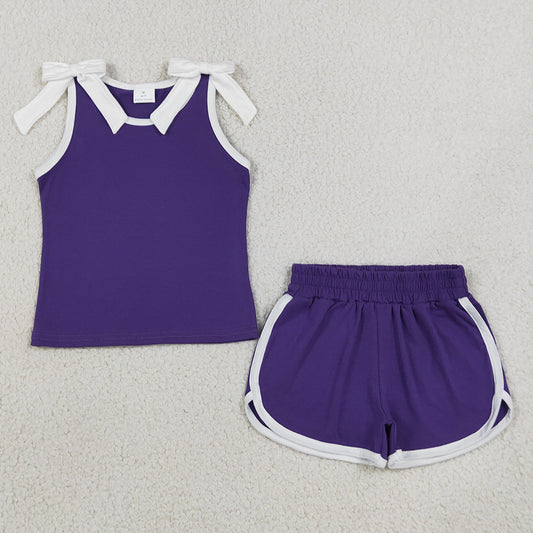 Baby Girls Clothes Purple White Bows Sleeveless Vests Pockets Short Clothes Sets GSSO3858