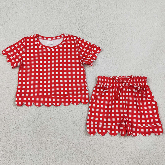 Baby Girls Clothes Red Checked Shirt Top Pockets Short Scallop Clothes Set GSSO3838