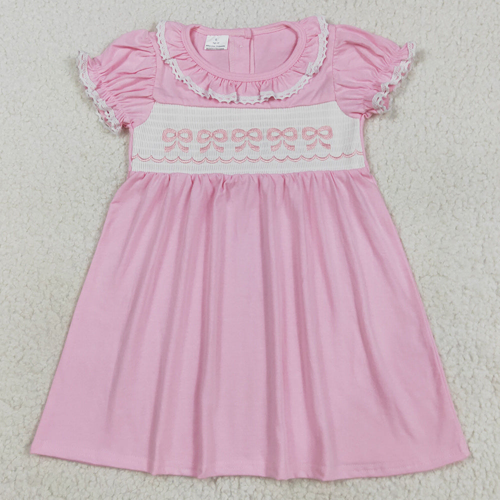 Smocked Embroidery Baby Girls Dress Ruffle Sleeves Bows Knee Length Dresses GSD2718 8.9