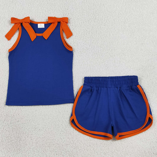 Baby Girls Clothes Hot Blue Orange Bows Sleeveless Vest Pockets Short Clothes Sets GSSO3857