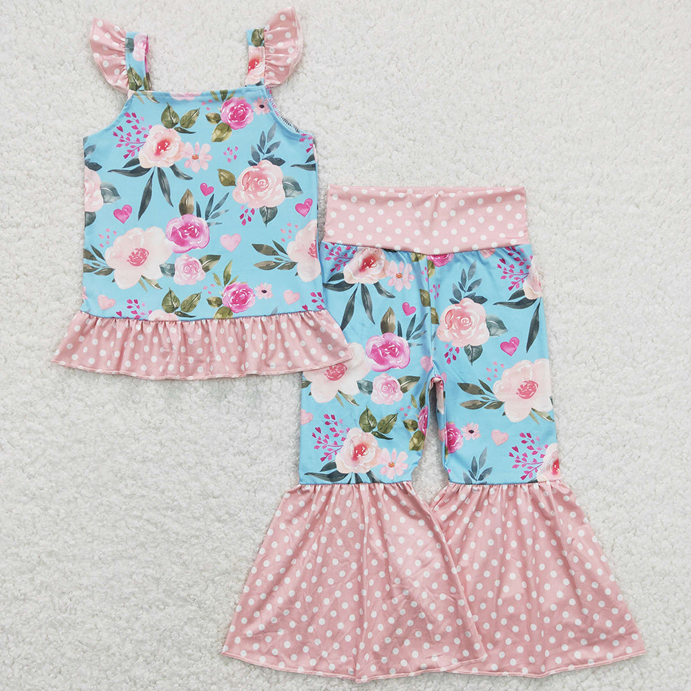 Fashion Baby Girls Clothes Flowers Ruffle Top Bell Bottom Pants Sets GSPO1163