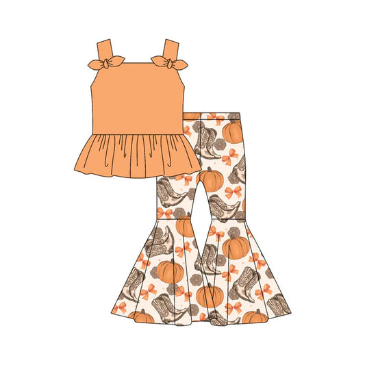 Preorder moq 5 Baby Girls Orange Strap Bows Tunic Bows Pumpkins Bell Bottom Pants Set 4.30