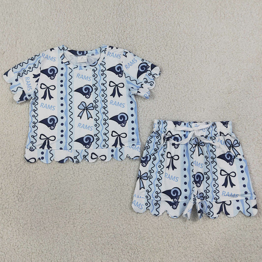 Baby Girls Clothes Rams Bows Stripe Top Pockets Short Team Scallop Clothes Sets GSSO3853