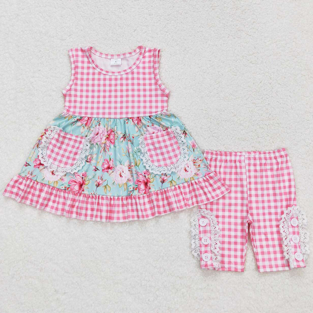 Baby Girls Clothes Blue Flowers Tunic Top Pink Checkered Shorts Sets GSSO0851