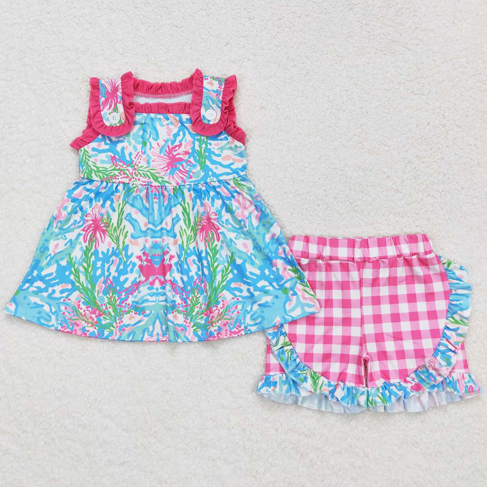 Baby Girls Clothes Flowers Blue Pink Tunic Top Ruffle Shorts Sets GSSO0845