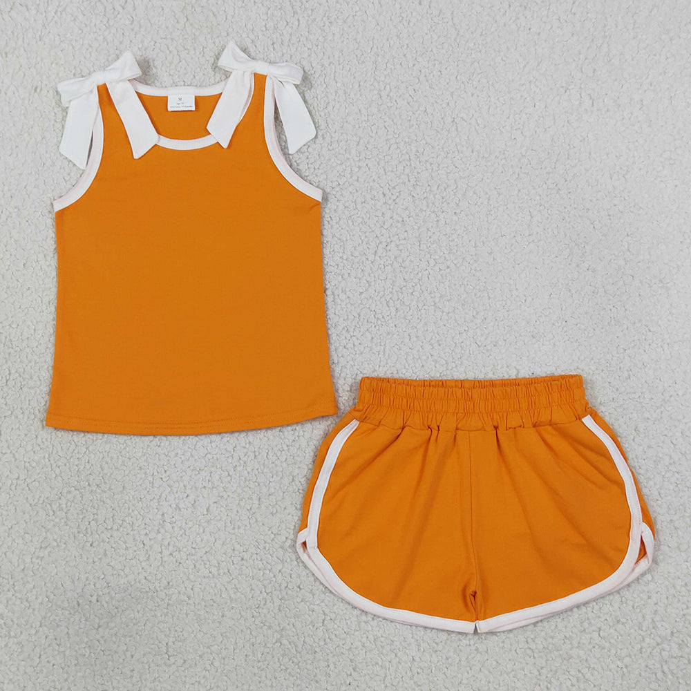 Baby Girls Clothes Orange White Bows Sleeveless Vest Pockets Short Clothes Sets GSSO3851