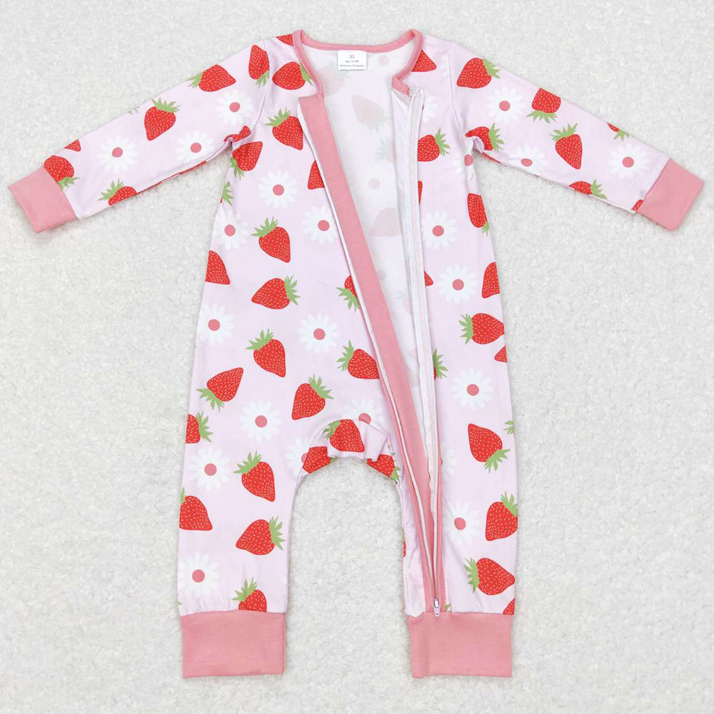 Baby Infant Girls Romper Strawberry Long Sleeve Zip Rompers