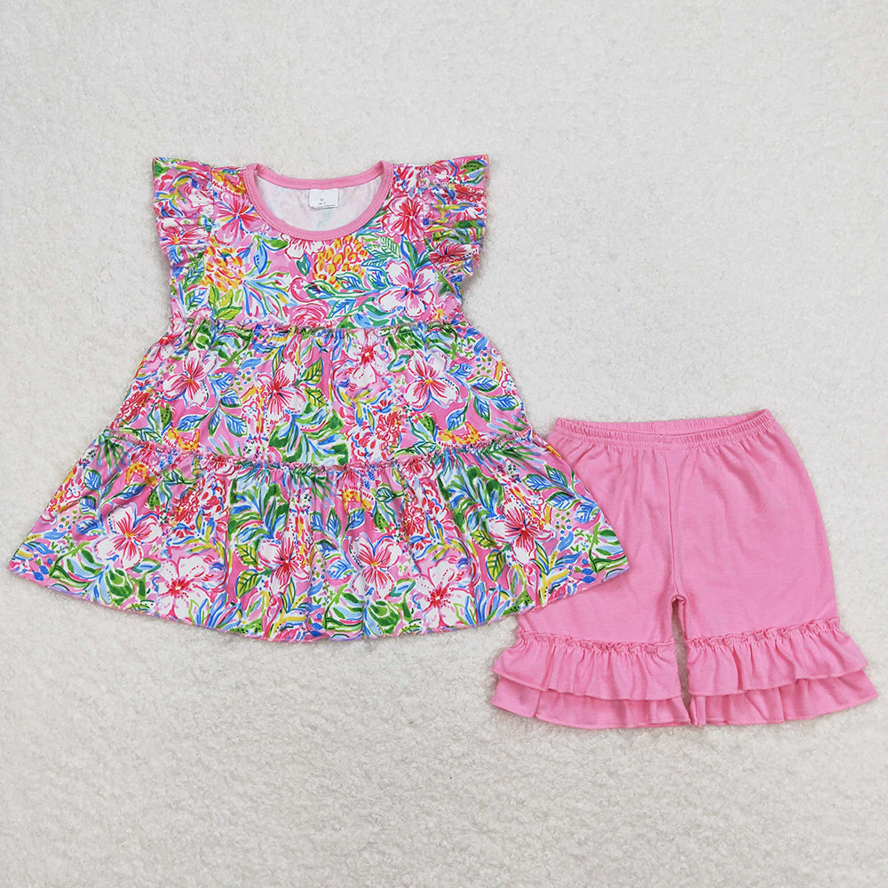 New Fashion Baby Girls Clothes Flowers Tunic Top Shorts Sets GSSO0619