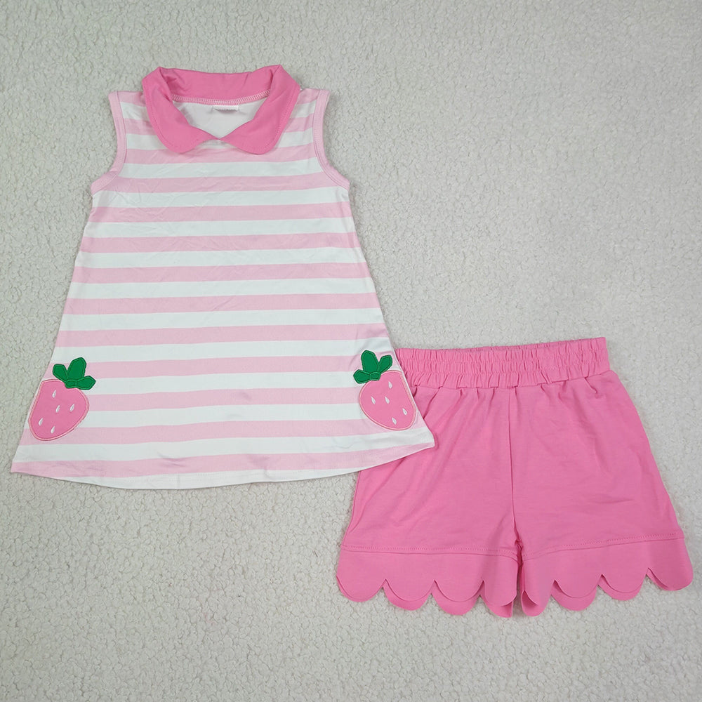 Baby Girls Clothes Embroidery Strawberry Pink Stripe Tunic Scallop Shorts Clothes Set GSSO3631