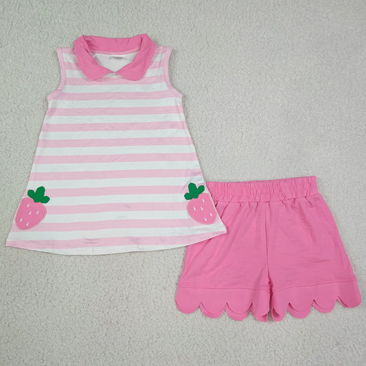 Baby Girls Clothes Embroidery Strawberry Pink Stripe Tunic Scallop Shorts Clothes Set GSSO3631