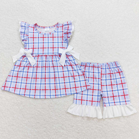 Baby Girls Clothes Blue Checkered Bows Tunic Ruffle Shorts Sets GSSO0707