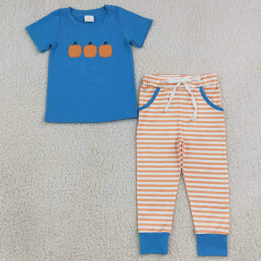 Baby Boys Clothes Embroidery Pumpkins Top Stripe Pockets Jogger Fall Clothes Sets BSPO0693