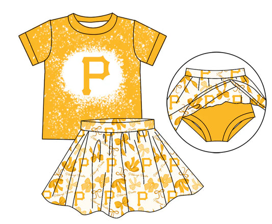 Preorder moq 5 yellow P bleached top bow skirt girls team outfits 8.23