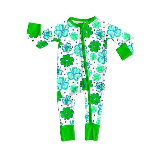 Preorder(moq 8)Baby Boys Green Clovers Plaid St Patrick Zipper Footie Rompers 9.29