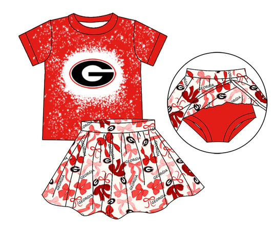 Preorder moq 5 red G bleached top bow skirt girls team outfits 8.26