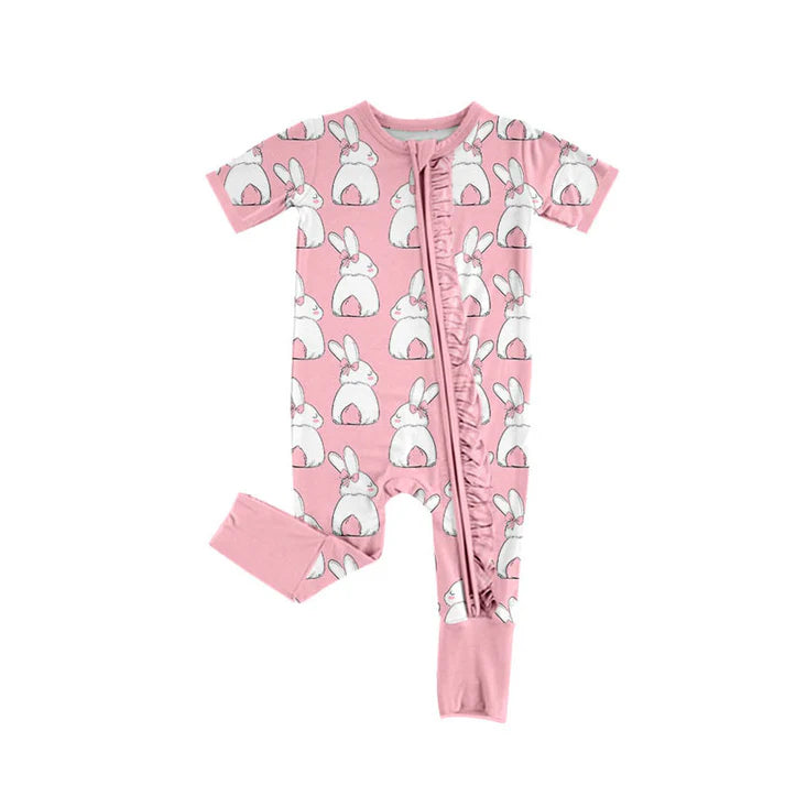 Preorder (moq 8)Baby Girls Pink Rabbits Easter Ruffle Zipper Footie Rompers 9.17