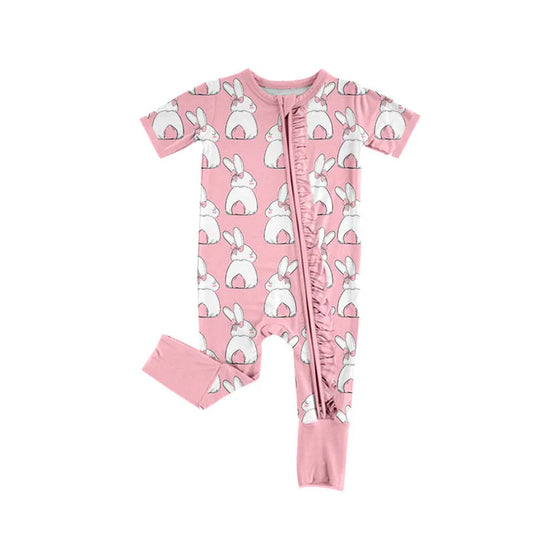 Preorder (moq 8)Baby Girls Pink Rabbits Easter Ruffle Zipper Footie Rompers 9.17