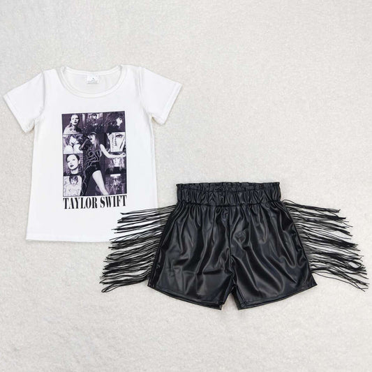 Baby Girls Clothes White Shirts Tops Leather Black Tassel Shorts Sets GSSO0983