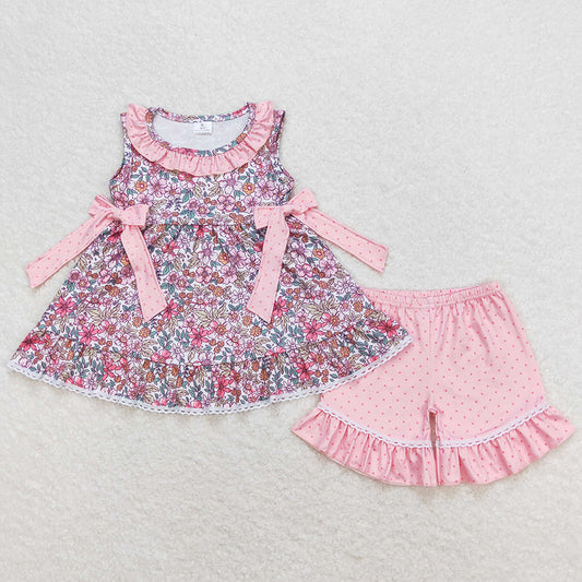 Baby Girls Clothes Pink Flowers Bows Tunic Tops Ruffle Shorts Sets GSSO0789