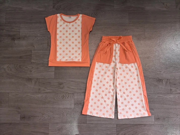 Baby Girls Clothes Peach Polka Dots Top Pockets Flare Pant Clothes Sets Preorder GSPO2333