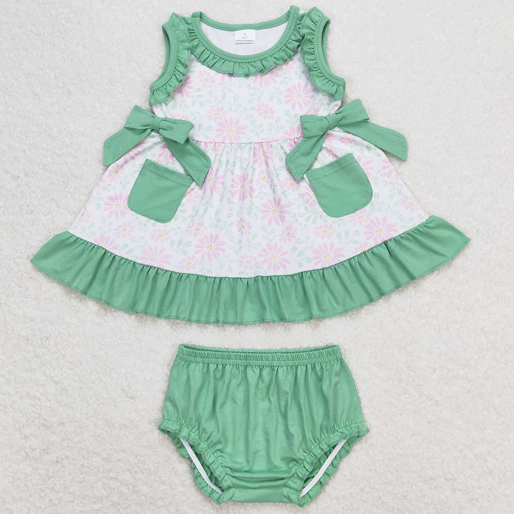 Baby Girls Clothes Green Pink Flowers Sleeveless Top Summer Bummies Sets GBO0292