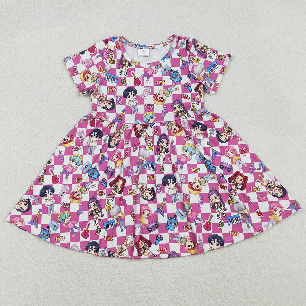 Baby Girls Dress Short Sleeve Pink Checked Cartoon Girls Knee Length Dresses GSD2919 11.15