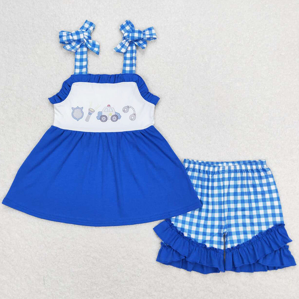 Baby Girls Clothes Police Blue Straps Tunic Ruffle Shorts Summer Sets GSSO0717