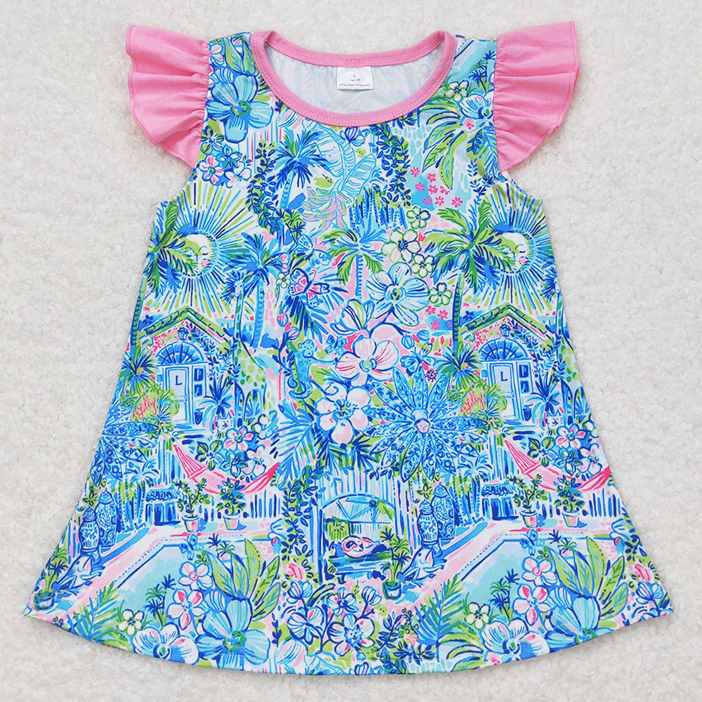 Baby Girls Clothes Tops Blue Flowers Flutter Sleeve Tunic Tops GT0563